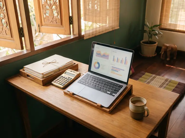 Accountant's desk with laptop and folders